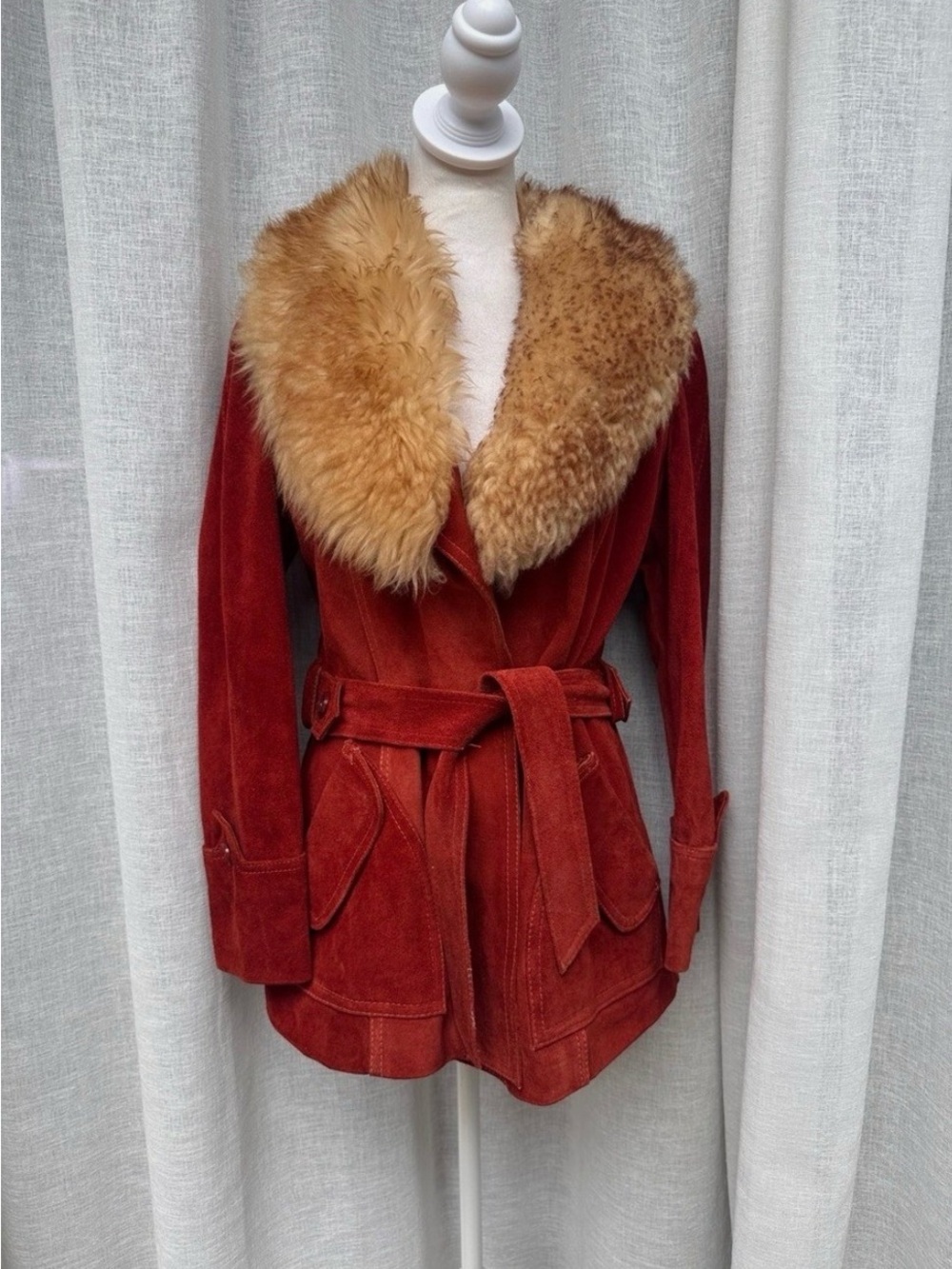 Vintage Retro Penny Lane 1970s orange suede leather coat jacket fur trim small